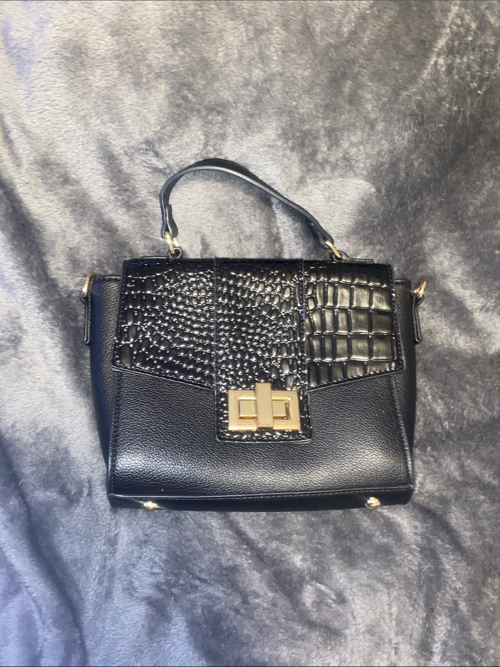 Cato Black Croc-Trim Top Handle Satchel with Gold Hardware